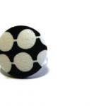 Fabric button ring, adjustable ring with fabric covered button. Black and white. Ready to ship.