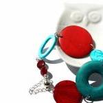 Chunky bracelet in turquoise and red with magnetic clasp. Beaded bracelet. Ready to ship.