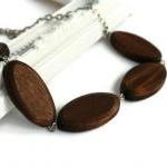 Brown chunky bead necklace. Oval wood beads.