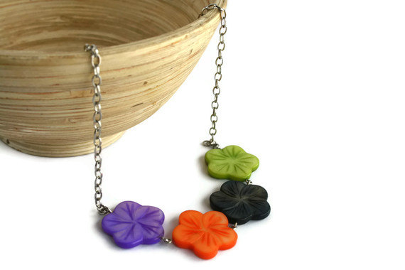Chunky necklace, Hawaiian flowers in purple, orange, black and green lake shells beads. Ready to ship.