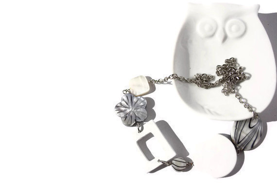 Chunky necklace in white and gray lake shells and wood beads. Ready to ship.
