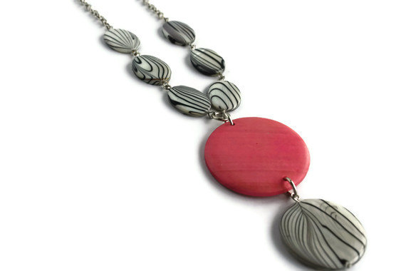 Pink Necklace with Black and White Shells and Wood Pendant. Pendant necklace. Wood necklace.