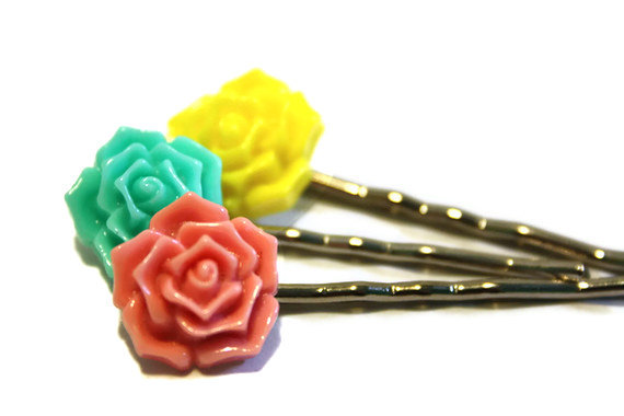 Flower bobby pins, hair accessory, set of three hairpins. Bright colors, pink, aqua and yellow. Ready to ship.