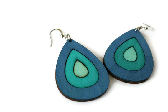 Blue Wood Earrings. Drop Earrings with Nickel Free Hooks.Ombre Earrings