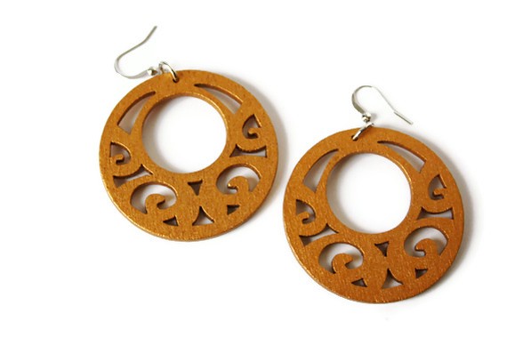 Big Gold Earrings in Wood. Gold Tone Wood Dangle Earrings. Boho Style.