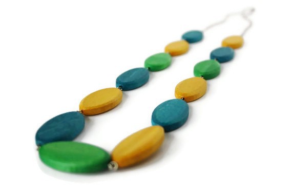 Long Wood Necklace, Teal, Lime Green and Mustard Yellow Beaded Necklace