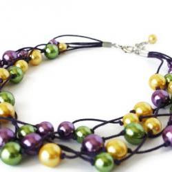 Multistrand Necklace with Glass Pearls on Waxed Cotton Cord. Very Chunky. Purple, Yellow and Green. Perfect Spring Fashion!