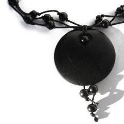 Black Wood Necklace with Pendant. Hand Knotted Necklace. 