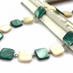 Fashion necklace in teal and natural white lake shells beads: chic, simple and classy. Ready to ship.