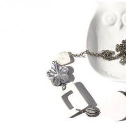 Chunky necklace in white and gray lake shells and wood beads. Ready to ship.