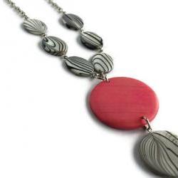 Pink Necklace with Black and White Shells and Wood Pendant. Pendant necklace. Wood necklace.