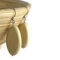 Chunky Bead Earrings with Natural White Oval Wood Beads. Beaded Earrings with Nickel Free Hooks.