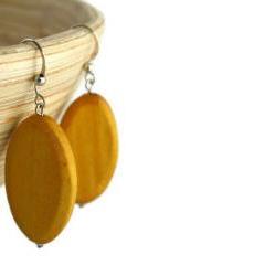 Wood Earrings with Mustard Yellow Wood Beads. Yellow Beaded Earrings with Nickel Free Hooks.