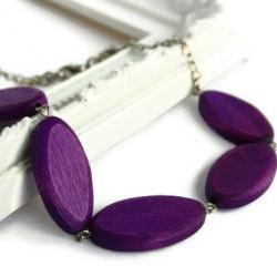 Purple chunky bead necklace. Oval wood beads.