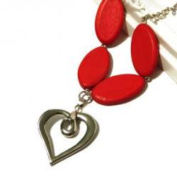 Red Wood Necklace with a Heart Pendant. Ready to Ship.