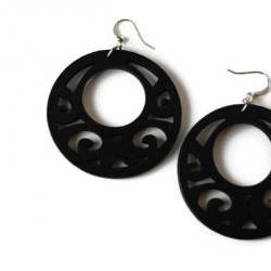 Big Wood Earrings with Filigree, in Black
