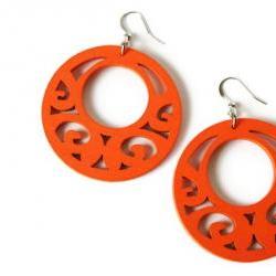 Wood Earrings in Tango Orange. Boho Style Earrings. Neon Earrings