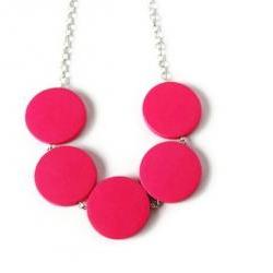Neon Pink Necklace, Chunky Wood Necklace. Geometric Jewelry