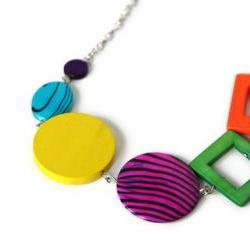 Rainbow Chunky Necklace, Geometric Jewelry, Wood Necklace in Bright Colors
