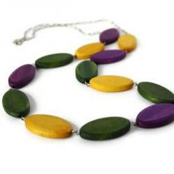Long Wood Necklace in Fall Colors. Chunky Necklace in Purple, Yellow and Forest Green