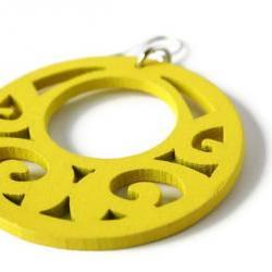 Neon Yellow Earrings with Wood Filigree Beads. Boho Earrings
