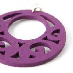 Purple Wood Earrings, Boho Style. Big and Lightweight