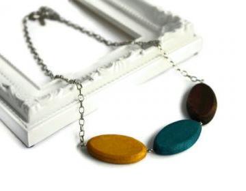 Chunky bead necklace. Trendy necklace with wood beads in brown, teal and yellow.