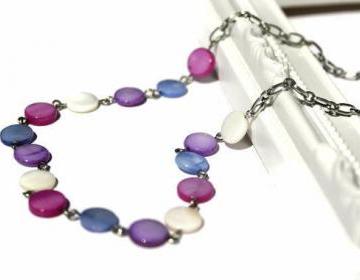 Pastel necklace. Fashion necklace in dots of blue, purple, fuchsia and white lake shell beads: chic, simple and classy. Ready to ship.