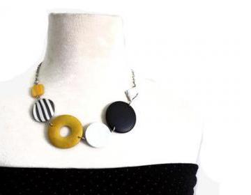 Chunky necklace in yellow, black and white lake shells and wood beads. Colorful necklace. Ready to ship.
