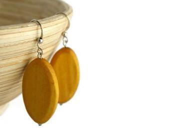 Wood Earrings with Mustard Yellow Wood Beads. Yellow Beaded Earrings with Nickel Free Hooks.