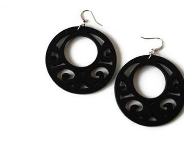 Big Wood Earrings with Filigree, in Black