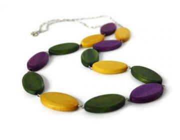 Long Wood Necklace in Fall Colors. Chunky Necklace in Purple, Yellow and Forest Green