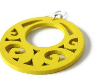 Neon Yellow Earrings with Wood Filigree Beads. Boho Earrings